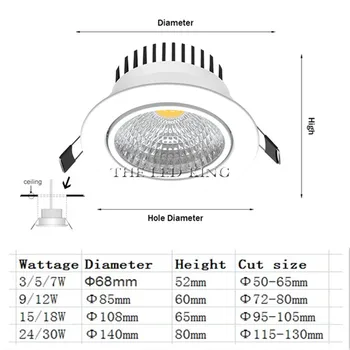 Kampas Reguliuojamas 7W/9W/12W/15W/18W COB LED Downlight Pritemdomi 3000K/6000K Epistar Lubų šviestuvas Įleidžiamas Vietoje Šviesos Namų Dekoro