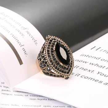 Kinel Prabanga Juoda Antikvariniai Žiedas Moterims Derliaus Išvaizdą AAA Kristalų Boho Papuošalai, Aukso Spalvos Žavesio Etninės Vestuvių Žiedas