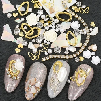 1 Jar Maišyti Įvairias Lydinio Smeigės Juosta Grandinės, Akmenys, Perlai Perlas Deimantų 3D Gėlių Nail Art kalnų krištolas Lipdukai Ornamentu Manikiūras