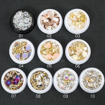 1 Jar Maišyti Įvairias Lydinio Smeigės Juosta Grandinės, Akmenys, Perlai Perlas Deimantų 3D Gėlių Nail Art kalnų krištolas Lipdukai Ornamentu Manikiūras