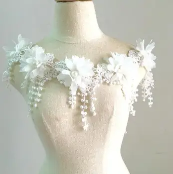 1 Kelyno Daug 8,5 cm Off White 3D Šifono Rožės Nėrinių Audinys Gėlių Perlų Vestuvių Deco Fringe Nėriniai Apdaila 