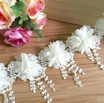1 Kelyno Daug 8,5 cm Off White 3D Šifono Rožės Nėrinių Audinys Gėlių Perlų Vestuvių Deco Fringe Nėriniai Apdaila 