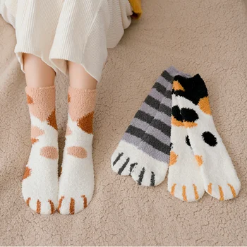 1 pora pliušinis koralų vilnos kojinės moterų vamzdis kojinės rudenį ir žiemą katės nagai mielas storas šiltas miega grindų miegoti kojinės