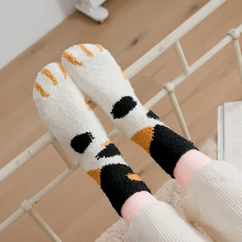 1 pora pliušinis koralų vilnos kojinės moterų vamzdis kojinės rudenį ir žiemą katės nagai mielas storas šiltas miega grindų miegoti kojinės