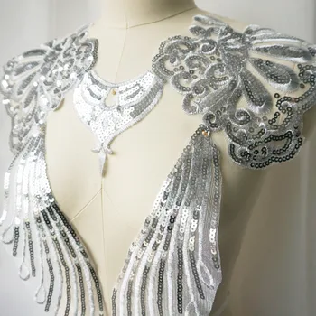 1 Set Sidabro China Siuvinėjimo Nėrinių Aplikacijos, Siuvimo Gėlių Audinio Siuvimo Apykaklės Pleistras Vestuvių Suknelė Vestuvių Suknelė 