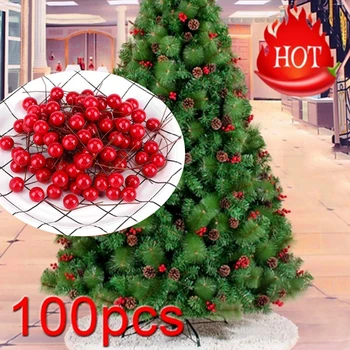 100vnt 10mm Dirbtinės Raudonos Holly Uogų Kalėdų Eglutė Dekoras ant Vielos Pluoštas Girliandą Vainikas Netikras Vaisius Dekoro Vestuves Dekoras