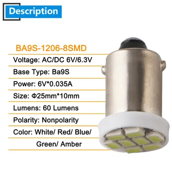 10VNT AC/DC 6 V/6.3 V BA9S 1206 8 SMD LED Lemputės Nonpolarity Pinball Baterija Žaidimų Konsolės Lempa Dviratis Balta Mėlyna Raudona Žalia Gintaro Rožinis