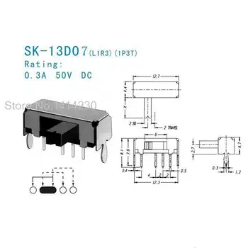 10vnt SK13D07VG4 50V DC 0.5 A 4 Pin PCB 3 Pozicijos SP3T 1P3T Mini Pastumkite Jungiklį stačiu Kampu 4MM rankena aukštas