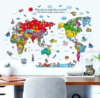 11 Rūšių, Didelis Pasaulio Žemėlapis Sienų Lipdukai Animacinių filmų Žemėlapis Namų Dekoro, Vaikų Kambarys Vinilo 