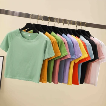 13 spalvų Pasėlių Top Marškinėliai Moteriška Kietas O-Kaklo trumpomis Rankovėmis marškinėliai Moterims Aukšto Juosmens, Plonas Trumpas Sporto Blanc Femme T-Shirt