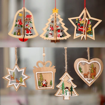 1PC 2D 3D Kalėdų Ornamentu Mediniai Kabinti Pakabučiai Žvaigždė Kalėdų Medžio Bell Kalėdų Dekoracijas namams Šalis Naujųjų Metų Navidad