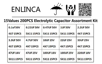 200pcs/daug Radialinio kondensatoriai nustatyti 15Values 10V 16V 25V 50V 0.1 uF-220uF Elektrolitinius Kondensatorius Asortimentas Rinkinys 0.22 2.2 uf uf 100uf