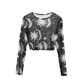 2019 Moterų Sexy Harajuku Akių Viršūnes ilgomis Rankovėmis Matyti Per Marškinėliai Skaidrus Sun Moon Star Print T-shirt Femininas Clubwear