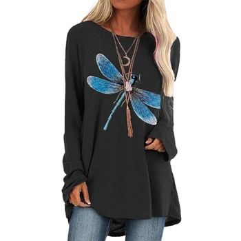 2020 Moterys Vasarą TShirts ilgomis Rankovėmis Viršūnes Atsitiktinis Rudenį, O Kaklo, ilgomis Rankovėmis Dragonfly Spausdinti Laisvas Megztinis Marškinėliai Viršuje рубашка