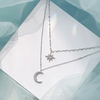 2020 Nauja 925 sterlingas sidabro Dvigubo Sluoksnio Star Mėnulis Karoliai Moterų Clavicle Grandinės Fine Jewelry Šalis Vestuvių Priedai