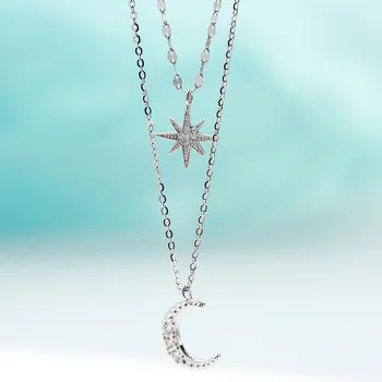 2020 Nauja 925 sterlingas sidabro Dvigubo Sluoksnio Star Mėnulis Karoliai Moterų Clavicle Grandinės Fine Jewelry Šalis Vestuvių Priedai