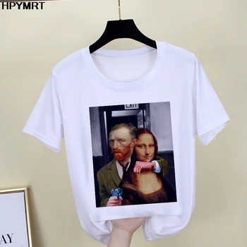 2020 Naujas vasaros klaidingą Mona Lisa Print T Marškinėliai Moterims estetika juokinga Tshirts Atsitiktinis trumpomis Rankovėmis Viršūnes t-shirt Moterų Drabužiai