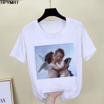 2020 Naujas vasaros klaidingą Mona Lisa Print T Marškinėliai Moterims estetika juokinga Tshirts Atsitiktinis trumpomis Rankovėmis Viršūnes t-shirt Moterų Drabužiai