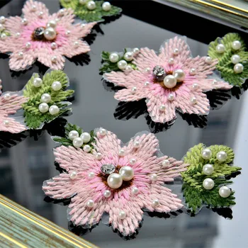 2vnt Pink Gėlių White Pearl Siūti Ant Pleistro Drabužių Duobute Aplikacijos už Megztinis Kojinės 