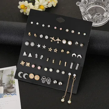30 porų/set naujas mados mažas sumaišyti aukso moon star stud auskarai moterims, elegantiškas pearl kalnų krištolas vestuvių dovana auskarai
