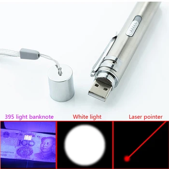 3in1 USB Įkraunamas LED Žibintuvėlis / Galingas Mini LED Žibintuvėlis atsparus Vandeniui Dizainas Penlight uv banknotų /Lazerinio žymeklio šviesa