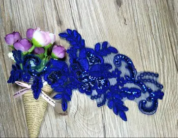 4 Gabaliukai(2 Poros) Royal Mėlyna Juoda Nėrinių Aplikacijos Gėlių China Nėrinių Audinys, Vestuvių Dekoravimas Drabužių Priedai 