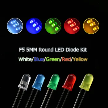 5Colors*20PCS=100VNT F5 5mm LED diodų Šviesa Asorti Rinkinys Raudona Žalia Geltona Mėlyna Balta Mišrios Spalvos šviesos diodų (LED) 