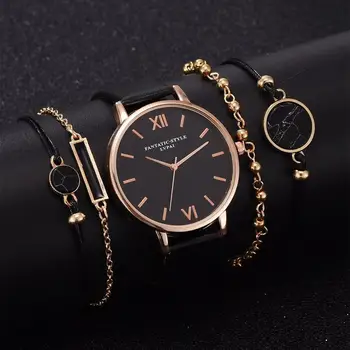 5vnt Set Top Stiliaus Mados Moterų Prabangus Odinis Juosta Kvarcinis Analoginis Laikrodis Ponios Žiūrėti Moterų Suknelė Reloj Mujer Black Laikrodis