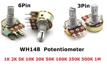5VNT WH148 Potenciometras 3Pin 6pin B1K B2K B5K B10K B20K B50K B100K B250K B500K B1M Veleno Stiprintuvas Dual Stereo 1/2/5/10/K 15mm