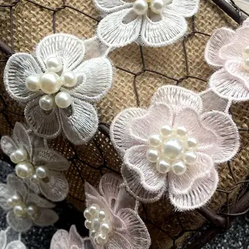 9PCS Prabangus Baltas 3D Gėlės, Karoliukai, Siuvinėjimas, Nėriniai Aplikacijos, Apdailos Juostelės Apykaklės Iškirpte Suknelė Drabužius Dekoruoti Siuvimo Reikmenys
