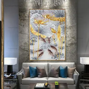 Abstrakti Aukso Lotus Žuvys, Drobė, Tapyba, Modernus Plakatas Meno Cuadros Naujas Kinų Stiliaus Dekoro Sienos Nuotraukas Kambarį Eilėje