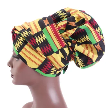 Afrikos Spausdinti Satino Variklio Dangčio Su Ilgu Kaspinu Wrap Dvigubo Sluoksnio Headwrap Ankara Modelis Moterų Plaukų Apimti Didelio Dydžio Plaukų Wrap Bžūp