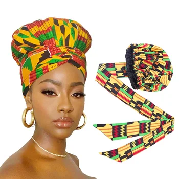 Afrikos Spausdinti Satino Variklio Dangčio Su Ilgu Kaspinu Wrap Dvigubo Sluoksnio Headwrap Ankara Modelis Moterų Plaukų Apimti Didelio Dydžio Plaukų Wrap Bžūp