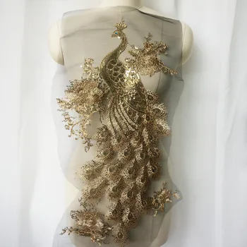 Aukso China Siuvinėti Povas Paukščių, Aplikacijos, Nėrinių Audinio Kirpimas, Siuvimo Pleistras Vestuvių Gown Dress 
