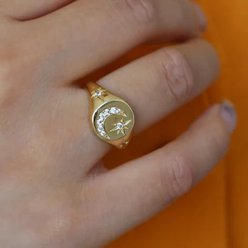 Aukso Užpildytas geometrinis cz star žiedas europos moterų ponios paprastas, subtilus moon star papuošalai 2019 lašas laivybos gamykla pigiai žiedas
