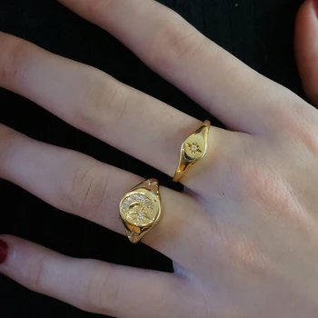 Aukso Užpildytas geometrinis cz star žiedas europos moterų ponios paprastas, subtilus moon star papuošalai 2019 lašas laivybos gamykla pigiai žiedas