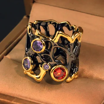 Aukštos kokybės Juodos spalvos auksu spalvos akmens, tuščiavidurių spalvinga atskyrimo žiedas moterims vestuvės vestuvinis žiedas
