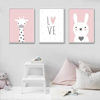 Baby Vaikų Darželio Sienos Menas Drobė Spausdinti Plakato Pink Cartoon Gyvūnų Žirafa Bunny Dažymas Šiaurės Vaikas Mergina Miegamojo Puošmena Nuotrauką