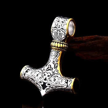 Beier 316L nerūdijančio plieno, Skandinavų Vikingų Pakabukas Karoliai Thor ' s Hammer Mjolnir Skandinavijos aukso spalvos amuletas vyrų papuošalai 384