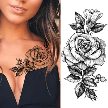 Black Rose Laikinos Tatuiruotės Moterys Seksualus Realus Netikrą Vandeniui Tatoos Lipdukas Graži Rožė, Lotosas 