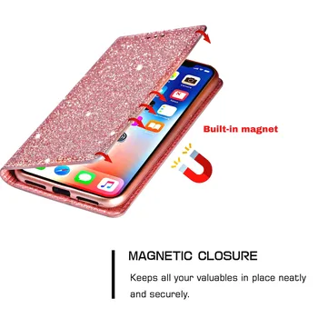 Blizgučiai Odos Magnetinio Flip Case for IPhone X Xr Xs 11 12 Mini Pro Max SE 2020 M. 8 7 6 6S Plius Bling Piniginės Kortelės Laikiklio Dangtelį
