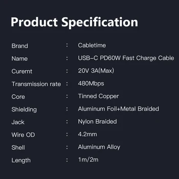 CABLETIME PD 60W Kabelis USB C su USB Tipo C KK 4.0 Greitai Įkrauti Kabeliu Xiaomi Redmi 