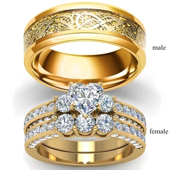 Carofeez bižuterijos Mylėtojas Žiedas Vestuvių Aukso Spalvos Moterų Širdies Cirkonis Žiedai Nustatyti Derliaus Dragon Nerūdijančio Plieno Žiedas Vyrams