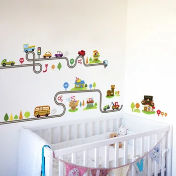 Cartoon automobilių kelių takelio kūrybos siena lipdukas, vaikų kambariai, vaikų darželio, vaikų kambario dekoro ant sienos automobilių freskomis Vaikų dovanų