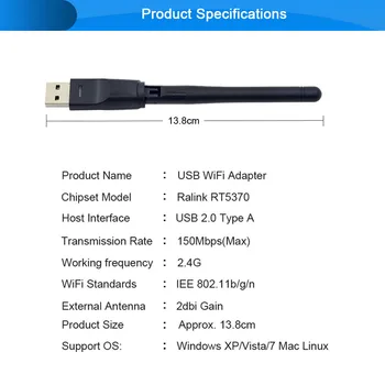 CHIPAL Ralink RT5370 150Mbps Wireless Tinklas, Kortelių Mini USB 2.0, WiFi Adapteris, Antena 2dbi PC, LAN, Wi-Fi Imtuvas Dongle 802.11 n
