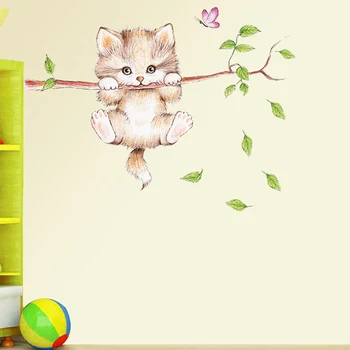 Cute Kačių Drugelis medžio šaką sienų lipdukai vaikams, kambario, namo apdaila animacinių filmų gyvūnų sienų lipdukai 