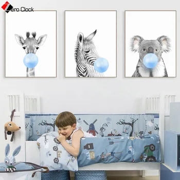 Darželio Gyvūnų Spausdinti Mėlyna Kramtomosios Gumos Plakatas Zebra Koala Žirafa, Dramblys Drobės Tapybos Sienos Meno Kūdikių, Vaikų Kambarys Dekoro Neįrėminti
