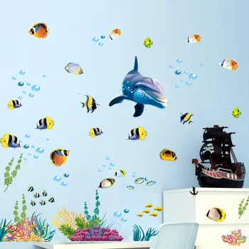 Delfinų, Žuvų Akvariumas Vandenyno Sienų Lipdukai Vaikams Kambariai, Vonios Kambarys, Virtuvė, Namų Dekoro Animacinių Filmų Gyvūnų Lipdukai Pvc Sienų Menas