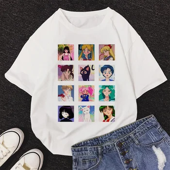 Didelės Akys Cute Kačių Animacinių Filmų Marškinėliai Vasarą Naujų Sailor Moon Mados T-Shirt Moterims, Harajuku Trumpas Rankovės Įdomus Ulzzang Marškinėlius Moteris