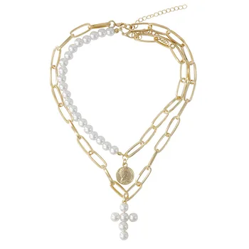 DIEZI Prabangus Dizainas Perlų Choker Karoliai Moterų Kryžius Pakabukas Kaklo Moterims Aukso Spalvos Mados Monetos, Papuošalai
